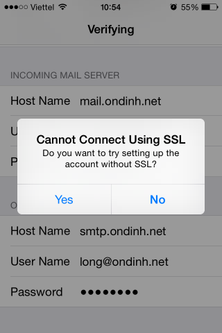 iPhone email new account - SSL error