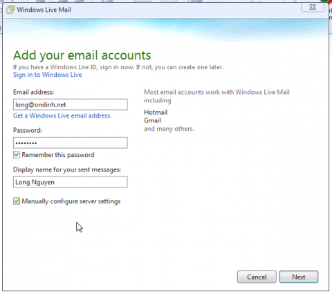 Live Mail - Add Email Account